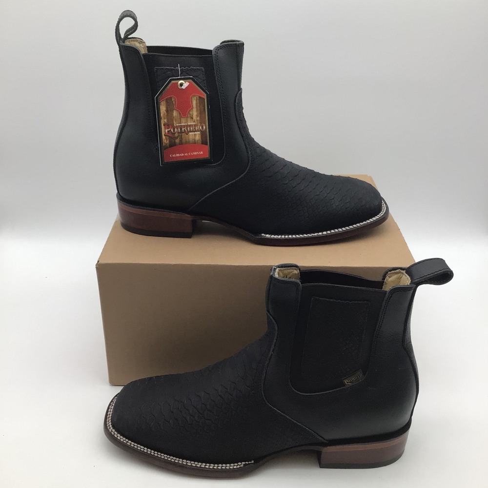 Potrillo Mens Black Faux Python Leather Square Toe Western Boots Size 10.5 NEW